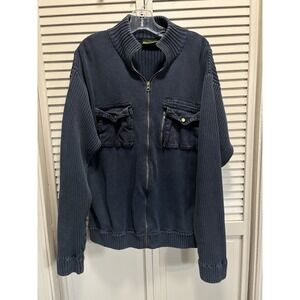 Timberland Zip Up Blue Knit Sweater Size XL Ribbed Hem Heavyweight Pockets